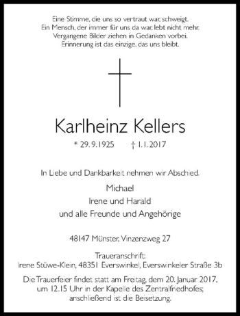 Anzeige von Karlheinz Kellers von Westfälische Nachrichten