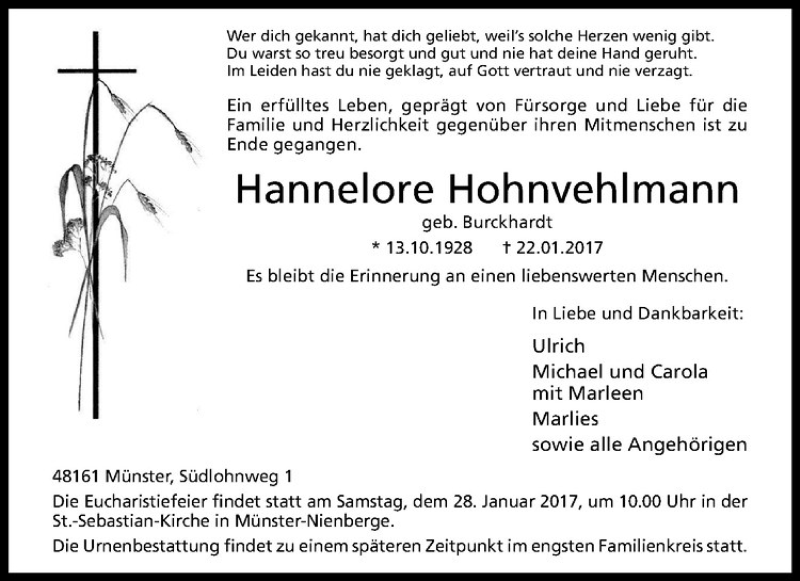  Traueranzeige für Hannelore Hohnvehlmann vom 25.01.2017 aus Westfälische Nachrichten