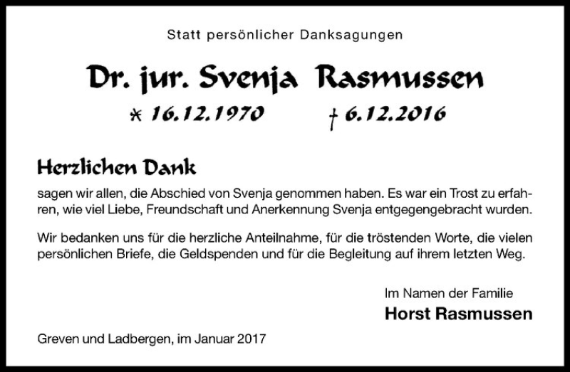  Traueranzeige für Svenja Rasmussen vom 21.01.2017 aus Westfälische Nachrichten