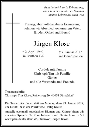 Anzeige von Jürgen Klose von Westfälische Nachrichten