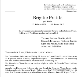 Anzeige von Brigitte Prattki von Westfälische Nachrichten