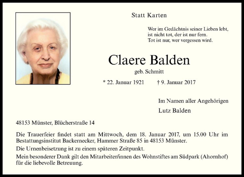  Traueranzeige für Claere Balden vom 14.01.2017 aus Westfälische Nachrichten