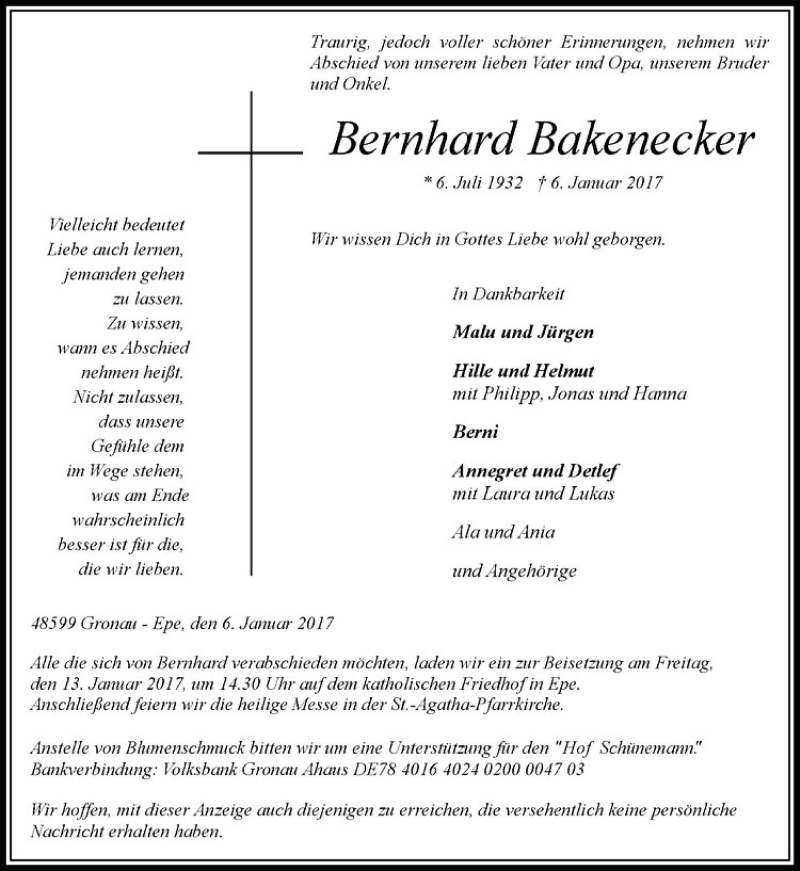  Traueranzeige für Bernhard Bakenecker vom 10.01.2017 aus Westfälische Nachrichten