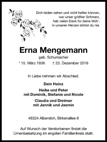 Anzeige von Erna Mengemann von Westfälische Nachrichten