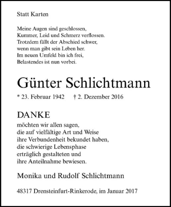 Anzeige von Günter Schlichtmann von Westfälische Nachrichten