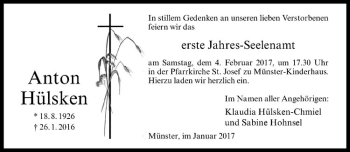 Anzeige von Anton Hülsken von Westfälische Nachrichten