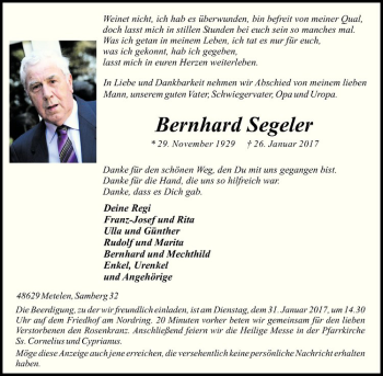 Anzeige von Bernhard Segeler von Westfälische Nachrichten