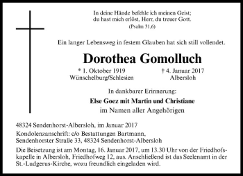Anzeige von Dorothea Gomolluch von Westfälische Nachrichten