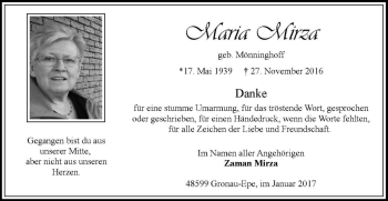 Anzeige von Maria Mirza von Westfälische Nachrichten