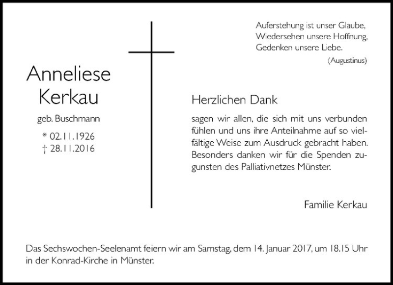  Traueranzeige für Anneliese Kerkau vom 07.01.2017 aus Westfälische Nachrichten