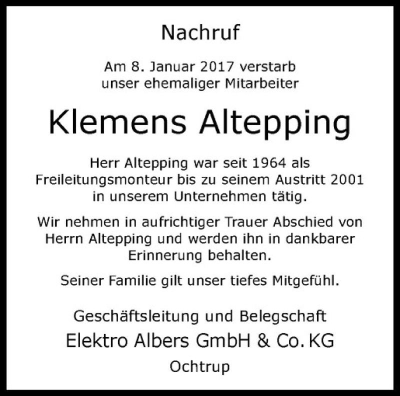  Traueranzeige für Klemens Altepping vom 12.01.2017 aus Westfälische Nachrichten