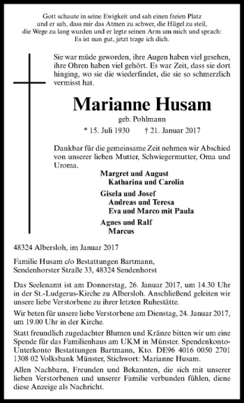 Anzeige von Marianne Husam von Westfälische Nachrichten
