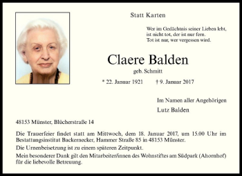 Anzeige von Claere Balden von Westfälische Nachrichten