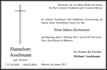 Anzeige von Hannelore Asselmann von Westfälische Nachrichten