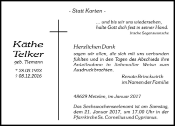 Anzeige von Käthe Telker von Westfälische Nachrichten