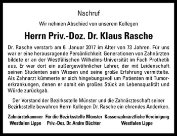 Anzeige von Klaus Rasche von Westfälische Nachrichten