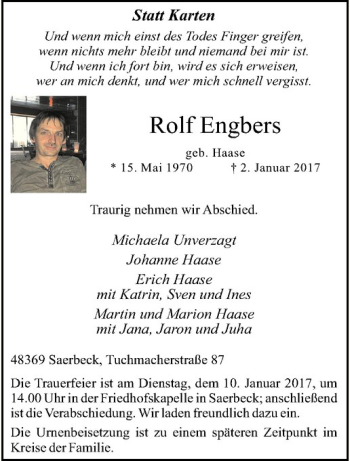 Anzeige von Rolf Engbers von Westfälische Nachrichten
