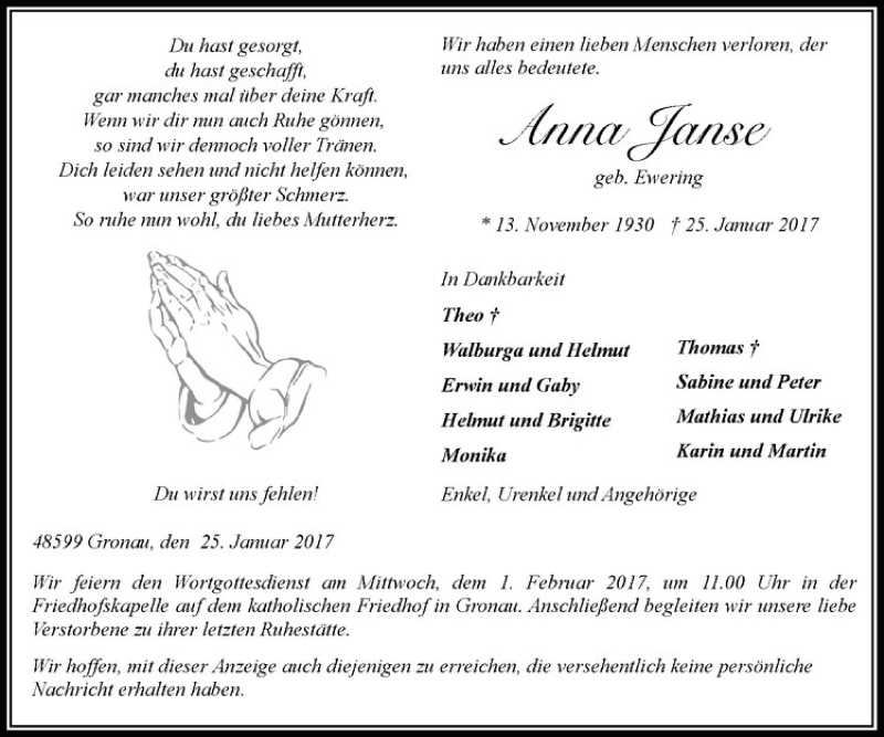  Traueranzeige für Anna Janse vom 28.01.2017 aus Westfälische Nachrichten