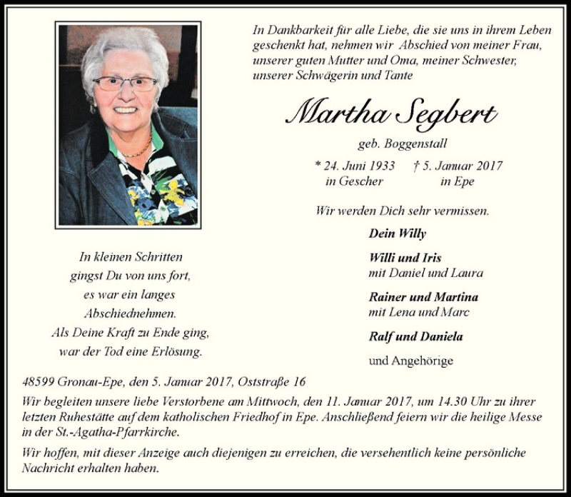  Traueranzeige für Martha Segbert vom 07.01.2017 aus Westfälische Nachrichten