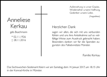 Anzeige von Anneliese Kerkau von Westfälische Nachrichten
