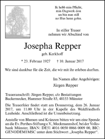 Anzeige von Josepha Repper von Westfälische Nachrichten
