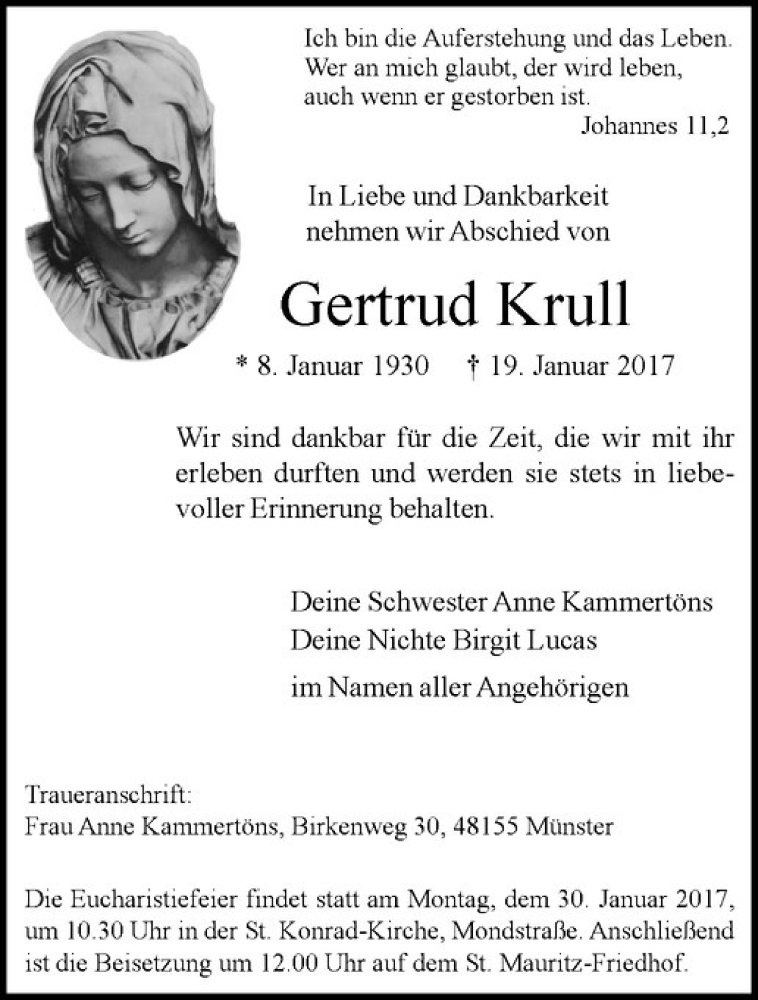 Traueranzeige für Gertrud Krull vom 28.01.2017 aus Westfälische Nachrichten