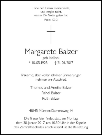 Anzeige von Margarete Balzer von Westfälische Nachrichten