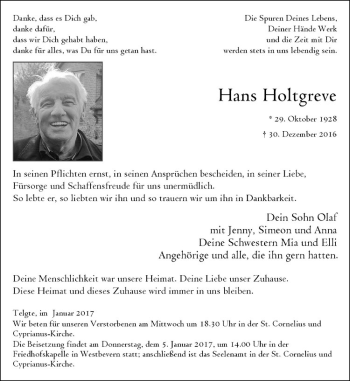 Anzeige von Hans Holtgreve von Westfälische Nachrichten