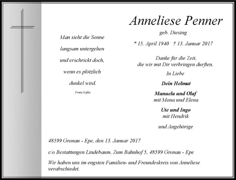  Traueranzeige für Anneliese Penner vom 26.01.2017 aus Westfälische Nachrichten