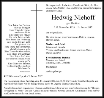Anzeige von Hedwig Niehoff von Westfälische Nachrichten