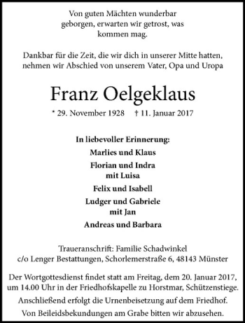 Anzeige von Oelgeklaus Franz von Westfälische Nachrichten