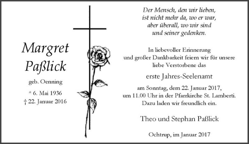  Traueranzeige für Margret Paßlick vom 18.01.2017 aus Westfälische Nachrichten