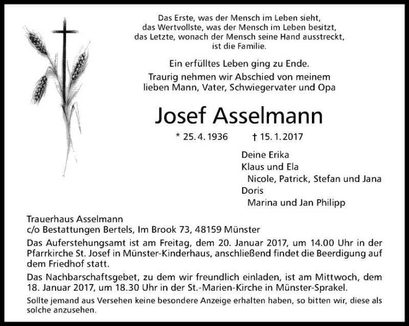  Traueranzeige für Josef Asselmann vom 17.01.2017 aus Westfälische Nachrichten