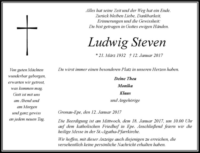  Traueranzeige für Ludwig Steven vom 16.01.2017 aus Westfälische Nachrichten
