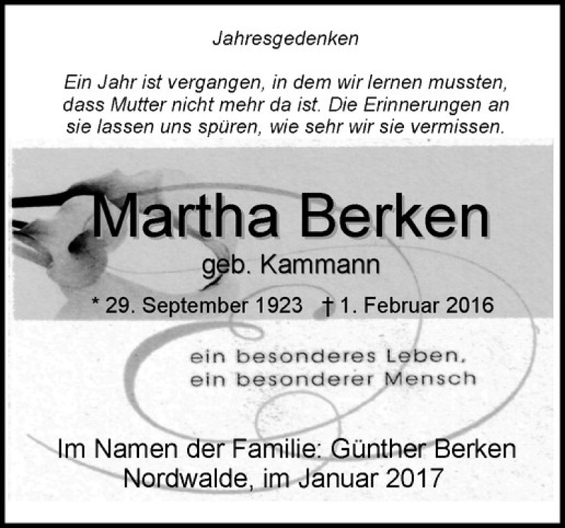  Traueranzeige für Martha Berken vom 28.01.2017 aus Westfälische Nachrichten
