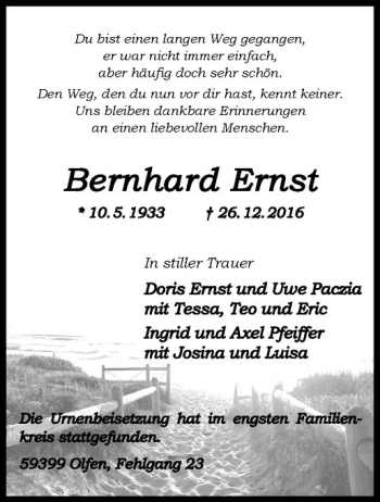 Anzeige von Bernhard Ernst von Westfälische Nachrichten