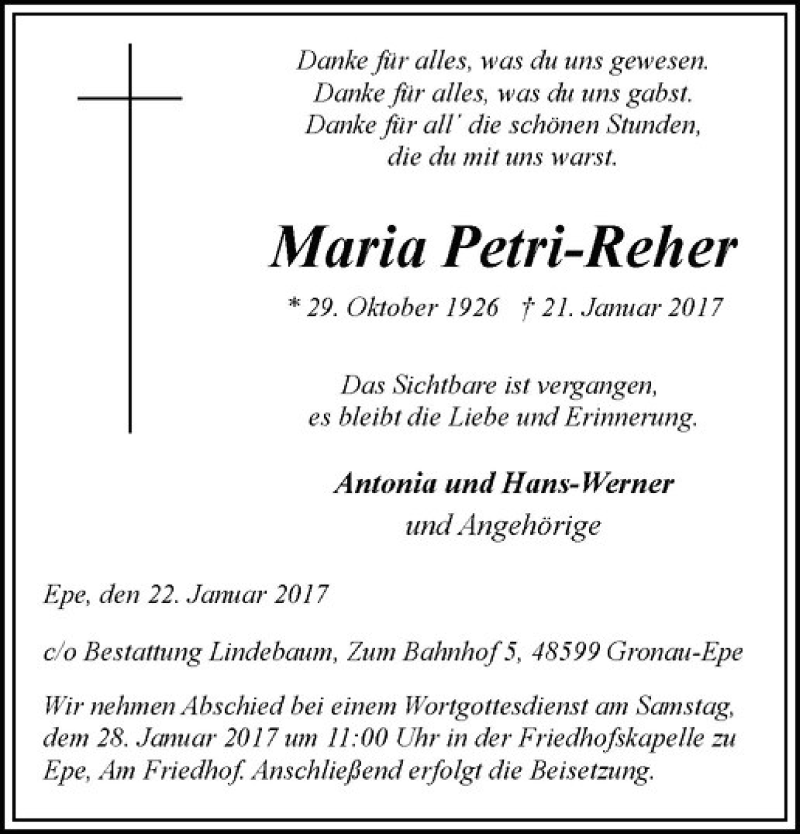  Traueranzeige für Maria Petri-Reher vom 26.01.2017 aus Westfälische Nachrichten
