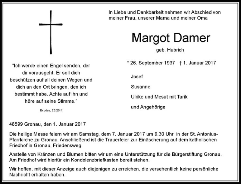  Traueranzeige für Margot Damer vom 04.01.2017 aus Westfälische Nachrichten