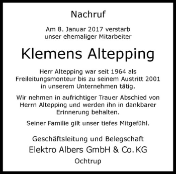 Anzeige von Klemens Altepping von Westfälische Nachrichten