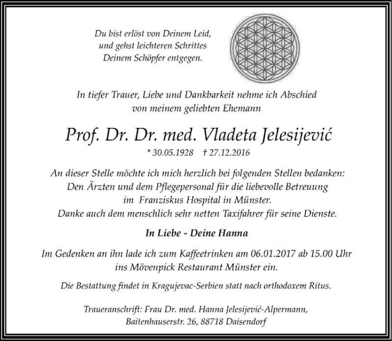  Traueranzeige für Vladeta Jelesijevic vom 04.01.2017 aus Westfälische Nachrichten