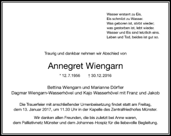 Anzeige von Annegret Wiengarn von Westfälische Nachrichten