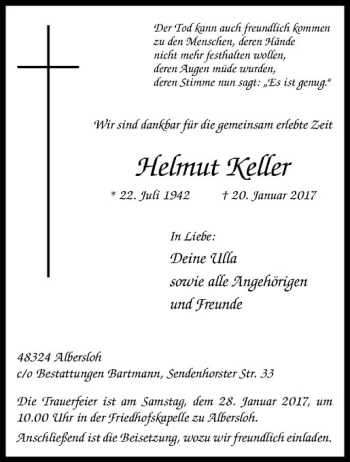 Anzeige von Helmut Keller von Westfälische Nachrichten