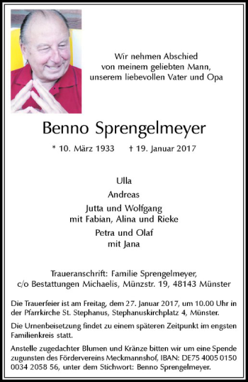 Anzeige von Benno Sprengelmeyer von Westfälische Nachrichten