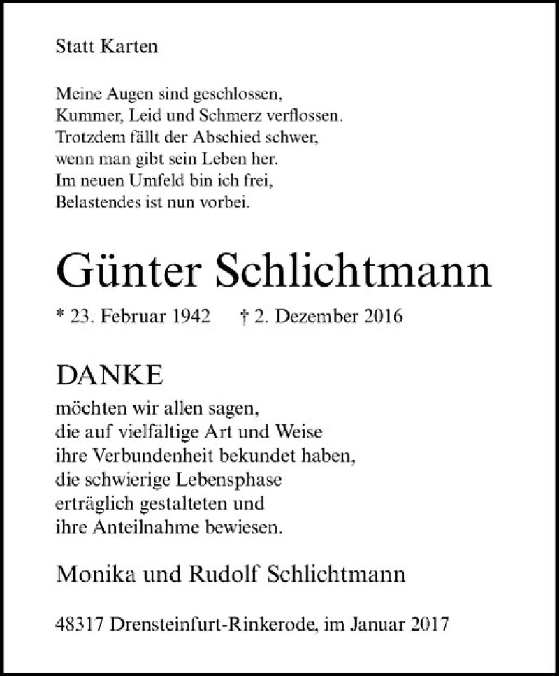 Traueranzeige für Günter Schlichtmann vom 28.01.2017 aus Westfälische Nachrichten