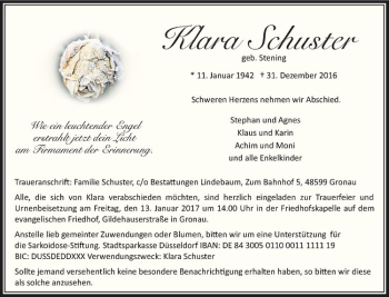Anzeige von Klara Schuster von Westfälische Nachrichten
