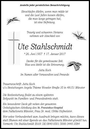 Anzeige von Ute Stahlschmidt von Westfälische Nachrichten