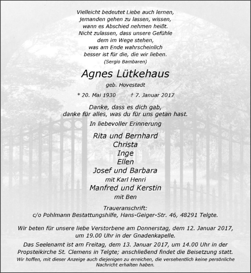 Traueranzeige für Agnes Lütkehaus vom 11.01.2017 aus Westfälische Nachrichten