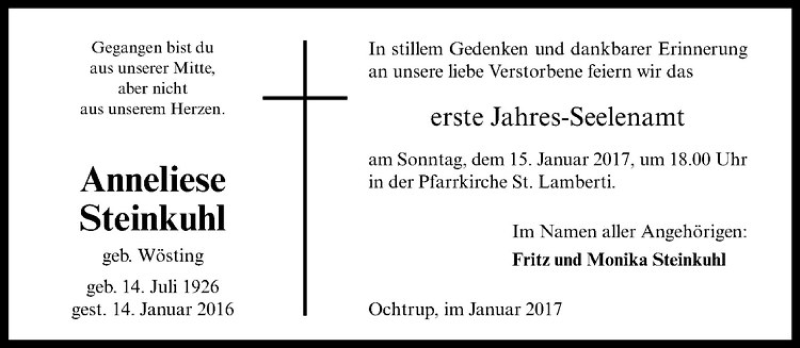  Traueranzeige für Anneliese Steinkuhl vom 11.01.2017 aus Westfälische Nachrichten