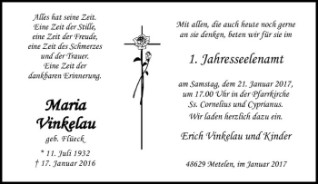 Anzeige von Maria Vinkelau von Westfälische Nachrichten