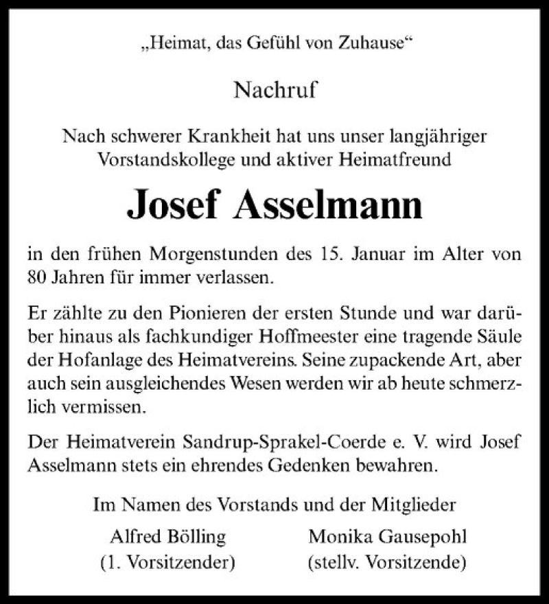  Traueranzeige für Josef Asselmann vom 21.01.2017 aus Westfälische Nachrichten